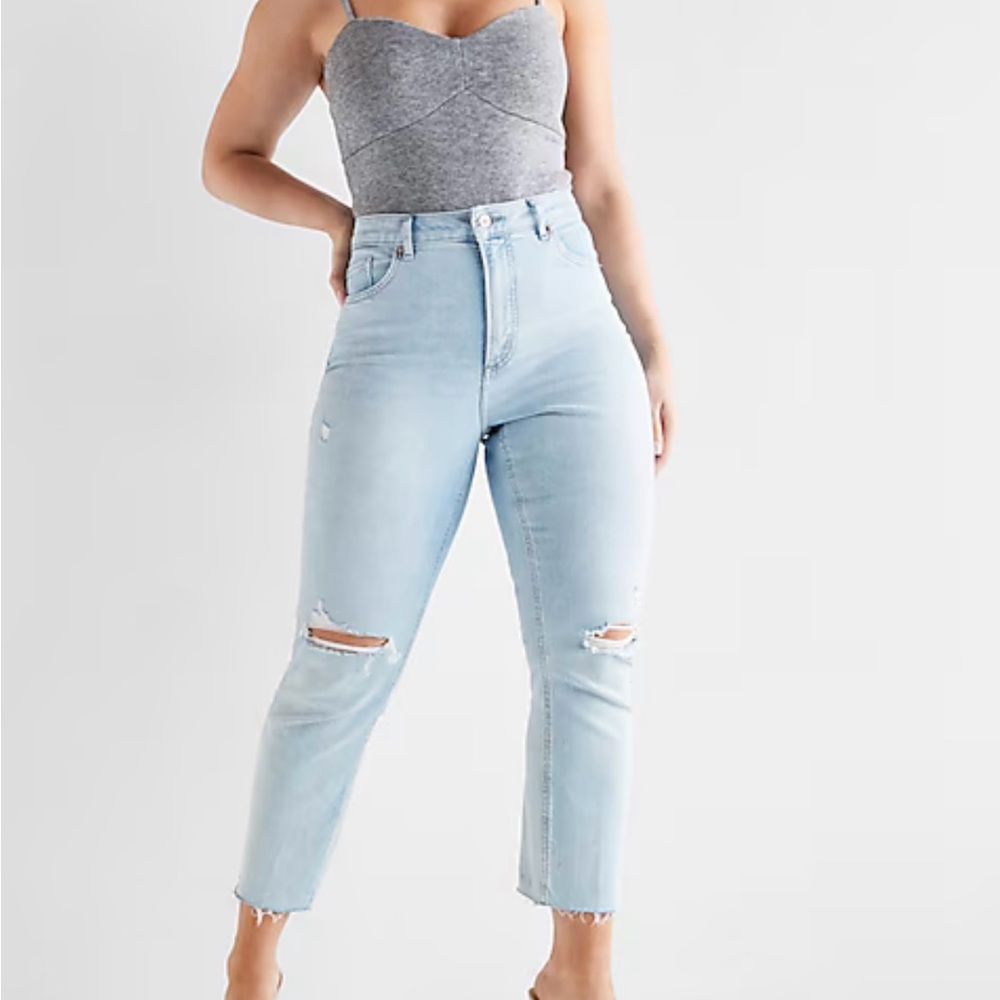 Light Blue Distressed High Rise Mom Jeans